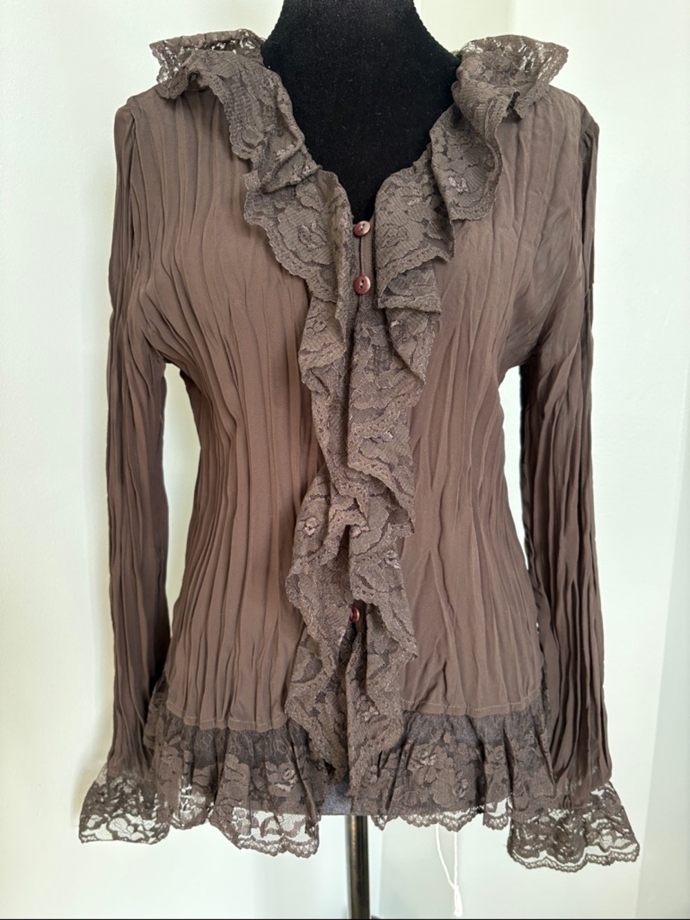 Brown Lace Ruffle Button-Front Blouse